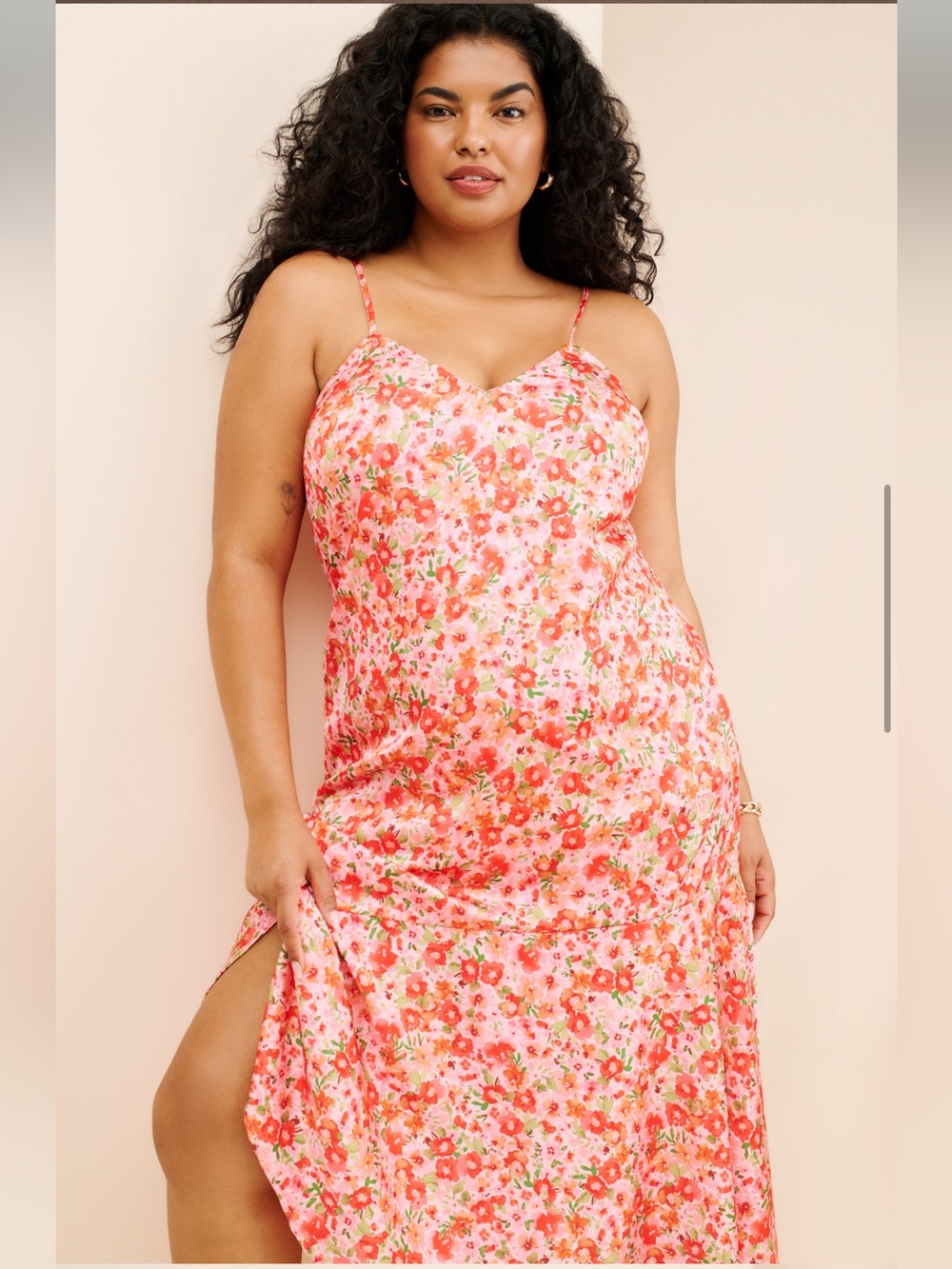 BHLDN Maria Sleeveless Satin Coral & Pink Floral Midi Slip Dress